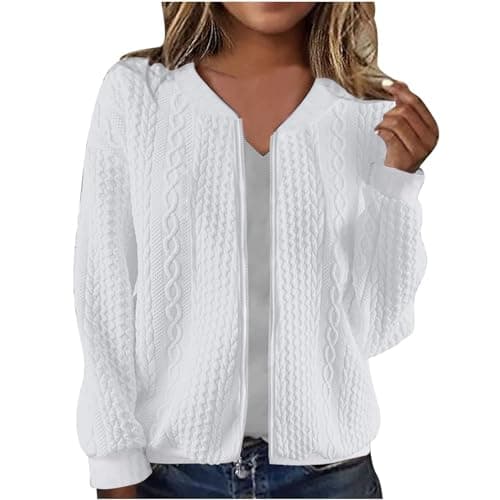Image of Generisch Winter Jacket Women's Trench Coat Casual Jacket with Zipper Jacquard Long Sleeve Casual Short, White, L