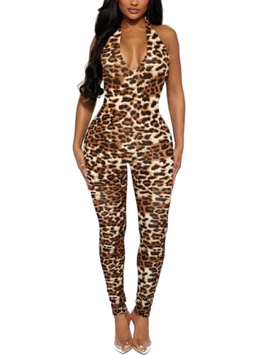 Image of Women's Halter Bodycon Black Jumpsuits - One Piece Backless Leopard Summer Casual Workout Club Pants Rompers Outfits Catsuits, Leopard, Medium