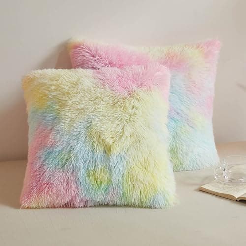 Image of XeGe Rainbow Faux Fur Throw Pillow Covers, Tie Dye Multicolor Shaggy Decorative Pillow Cushion Cover, Luxury Fluffy Plush Pillow Cases for Sofa Bed Zipper Closure, Pack of 2(18''x18'', Rainbow)