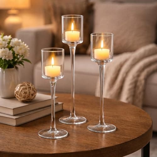 Image of Marco Paul Glass Pillar Candle Holders Tealight Holder Decorative Ornament Centre Piece Home Decor Ornamental Tea Light Candle Holders Wedding Table Decoration Centrepiece - Set of 3