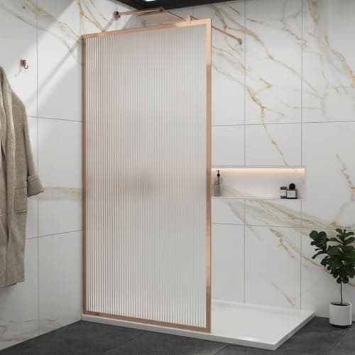 Image of Luxor 900mm Walk in Wet Room Fluted Shower Screen with Brushed Bronze Frame 8mm Easy Clean Toughened Safety Glass & Top Support Arm