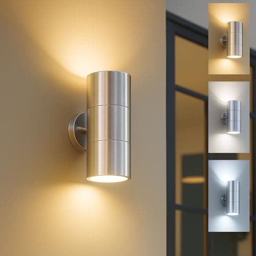 Image of Outside Wall Lights Mains Powered, 3 CCT GU10 Bulbs Up Down Outdoor Wall Sign Light, Stainless Steel IP44 Waterproof External Wall Lights, Exterior Wall Sconce for Patio, Garden, Front DoorGarage