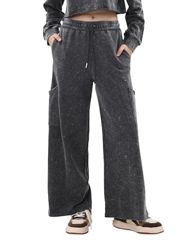 Image of Xintianji Women's Acid Wash Wide Leg Sweatpants Vintage Sweats Lounge Pants, Black, Large