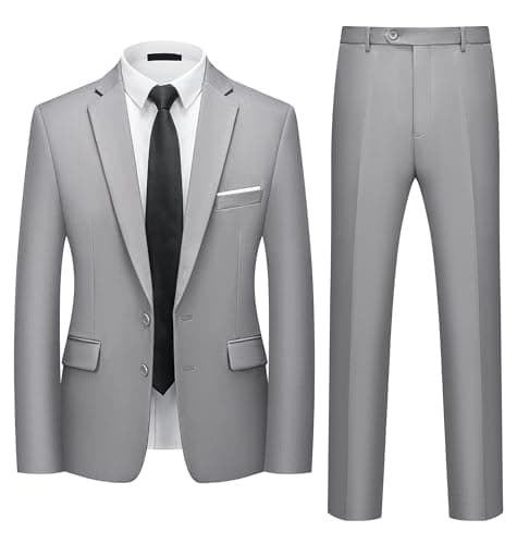 Image of Mens Suits 2 Piece Slim Fit Two Button Blazer Jacket and Trousers Formal Suit Set for Wedding, Business, Office, Party Light Grey L