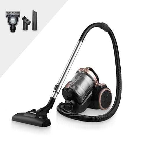 Image of Tower T102004BLGPET RXP10PET Multi-Cyclonic Bagless Cylinder Vacuum Cleaner with Crevice Tool, Floor Brush, Small Brush, Pet Attachment, Automatic Cord Rewinder, 1.5L, 800W, Blush Gold