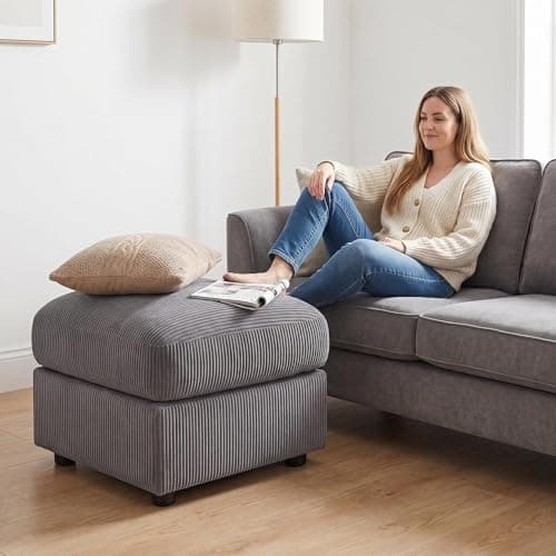 Image of Panana Large Square Jumbo Cord Ottoman Footstool, 89x89x89cm Upholstered Pouffe with Solid Wood Legs, 150kg Weight Capacity, Soft Footrest Stool for Living Room Bedroom Office, Grey