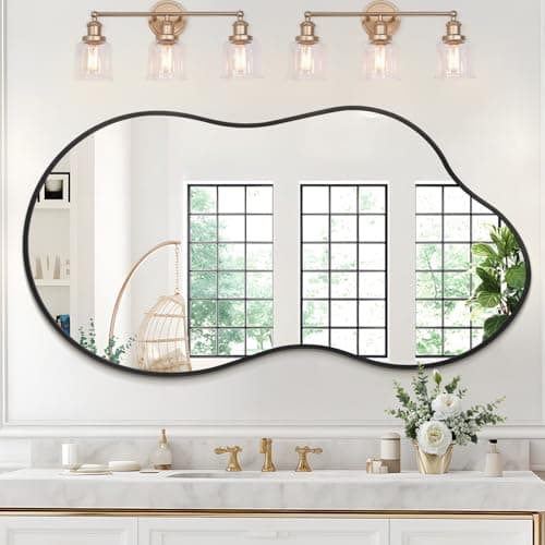 Image of JJUUYOU Wall Mirror Large Irregular Bathroom Brushed Metal Frame Mirror Black Asymmetrical Vanity Aluminum Alloy Frame Mirrors for Living Room Bedroom Entryway Vanity Home Decor 50 x 90cm