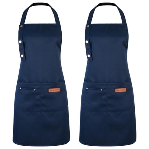 Image of ViEinkaufen 2 Pack Adjustable Cooking Apron With Pockets - Unisex Canvas Waterproof Apron For Home Kitchen, Restaurant (Blue)