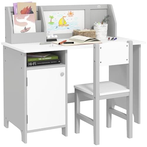 Image of HOMCOM Kids Desk And Chair Set 2 PCs Childrens Table And Chair Set Multi Use Toddler Furniture with Whiteboard, Storage - Grey