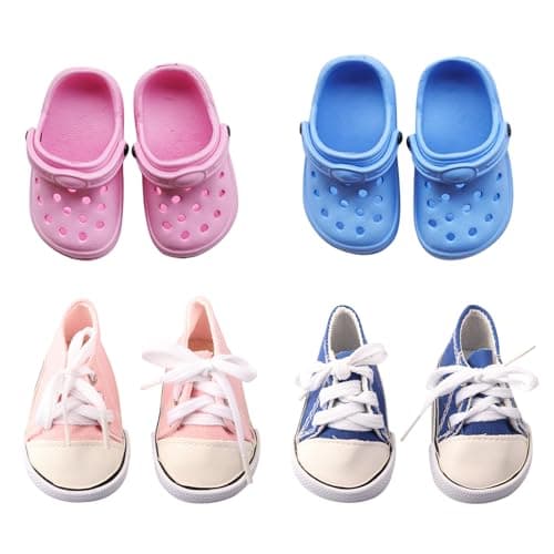 Image of 4 Pairs of Doll Shoes Accessory Set, 14-18 Inch Colorful Doll Accessories with 2 Pairs of Canvas Shoes and 2 Pairs of Sandals, 35-45cm Doll Accessories for Baby Dolls, Gift for Girls - Pink Blue Rose