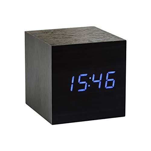 Image of Gingko Cube LED Click Clock Alarm Clock With Sound Activation (Time, Date & Temperature), Black/Blue LED