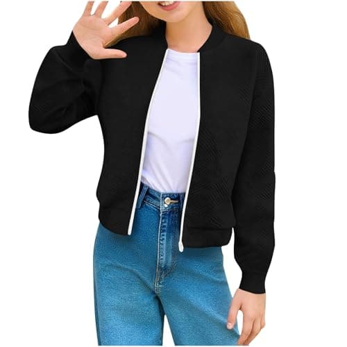 Image of duxyoz Bomber Jackets for Girls - Casual,Long Sleeves,Lightweight,Jacquard,Full Zip Up,Flight Jacket Coats Cropped Baseball Jacket Outwear Black 13-14 Years