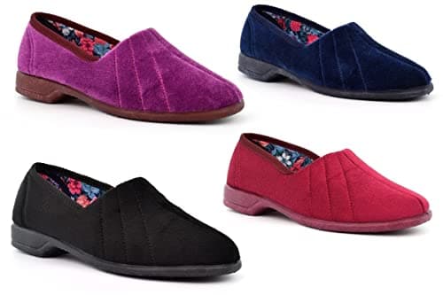 Image of Audrey Womens Slip On Slippers - Roll Top Slippers with Rubber Sole in Black, Navy, Heather, Red - UK Size 6