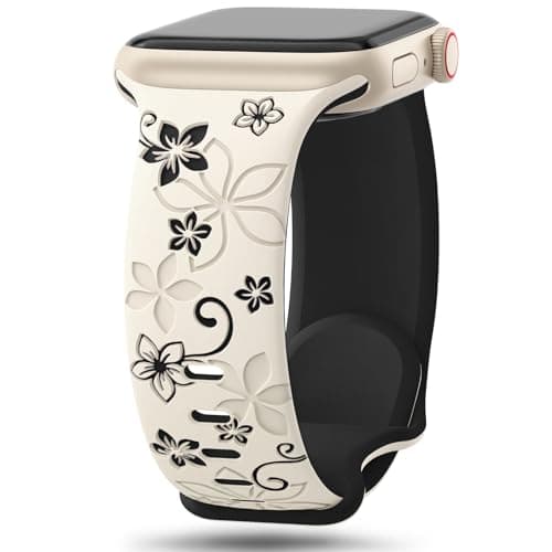 Image of Floral Engraved Strap Compatible with Apple Watch Straps 38mm 40mm 41mm 42mm 44mm 45mm 46mm 49mm for Women,Cute Flower Band Soft Silicone Sport Strap for iWatch Series 11 10 9 8 7 6 5 4 3 2 1 SE Ultra