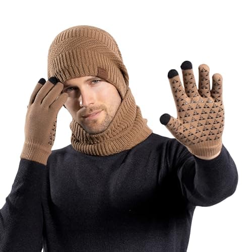 Image of Men's Winter 3-Piece Set - Beanie Hat, Scarf & Touchscreen Gloves - Warm, Soft & Stylish Knit Winter Accessories (Khaki, ONE SIZE)