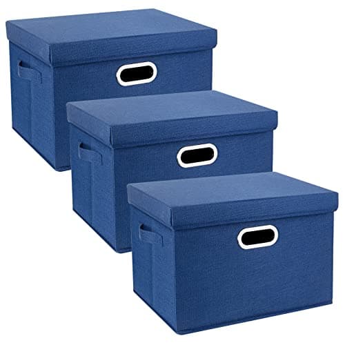 Image of TYEERS Large Storage Box with Lid, Collapsible, Washable, Fabric Storage Box for Clothes, Wardrobe Storage, 44x30x29 cm, Set of 3, Classic Blue