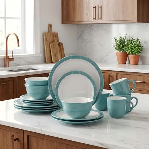 Image of 16pc Waterside Embossed Teal and White Stoneware Dinner Set; 4 Dinner Plates, 4 Side Plates, 4 Deep Bowls & 4 Mugs - Dishwasher & Microwave Safe