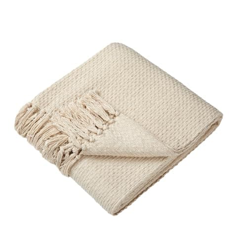 Image of Drift Home - Cream Throw with Pompom (180x130 cm) - Durable Recycled Cotton Woven Basket Blanket - Textured for Sofa and Large Bed