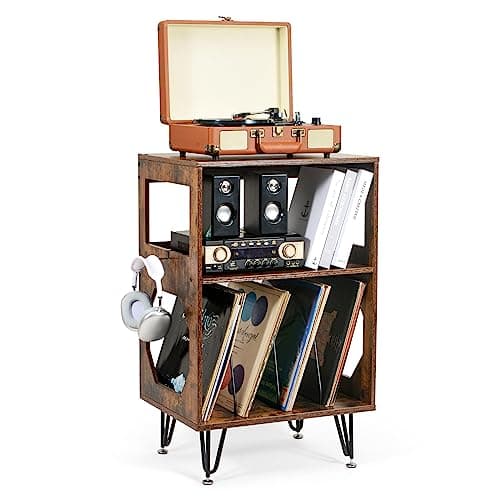Image of ikkle Rustic Record Player Stand, End Table with Record Storage, Vinyl Record Storage Cabinet Holder with Metal Legs, Turntable Stand Record Player Cabinet for Living Room, Bedroom, Holds 160 Albums
