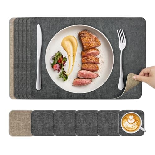 Image of Placemats and Coasters Set 6: KitchenBoss Dual Sided Place Mats for Table, Wipeable Black Dinner Mat Coaster Sets, Non Slip Washable Dining Table Plate Mats,43 * 30cm (Black + Grey Apricot)