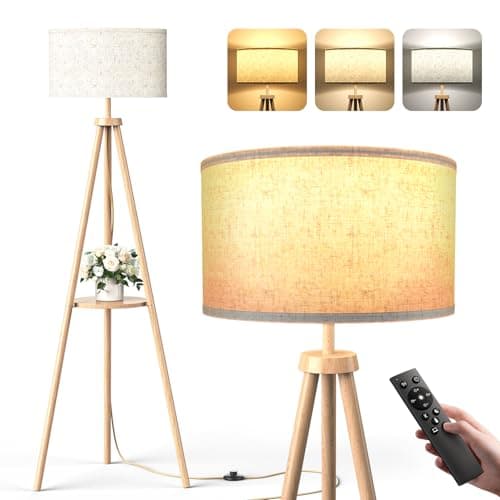 Image of Tripod Floor Lamp with Storage Shelves - 12W Solid Wooden Standing Lamp with E27 Bulb & Remote Control, Corner Lights for Living Room, Bedroom (Light Brown)