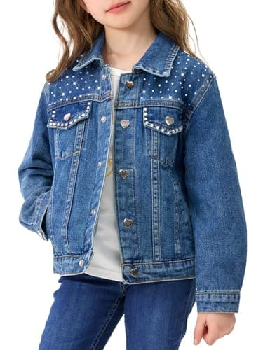 Image of Miipat Girls Denim Jacket Toddler Sparkle Rhinestones Jean Jackets for Little Kids Outerwear Button Down Jeans Coat with Pockets(Jeansblue,5-6Years)