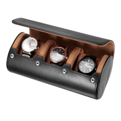 Image of sourcing map Watch Travel Case for Men Leather Watch Roll Travel Case Portable Watch Storage Box for Christmas, Birthday, and Anniversary 3 Slot (Black)
