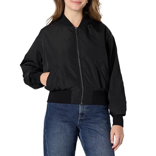 Image of Amazon Essentials Women's Relaxed-Fit Denim Bomber Jacket, Black, XXL