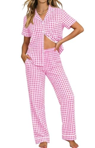 Image of SWOMOG 100% Cotton Pyjamas for Women Set 2PCS Button-Down Lounge Pjs Short Sleeve Tops and Long-Pants with Pocket
