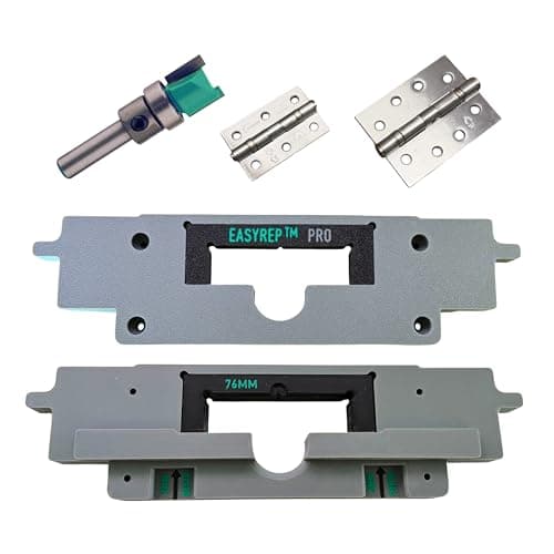 Image of EASYREP Pro 2-in-1 Door Hinge Router Jig – Fits 76mm (3”) & 102mm (4”) Hinges – Dual Routing Template with Quick-Swap Insert 2mm & 3mm Depth Setters UK Made Jig for Hinge Mortices (Jig and Router Bit)