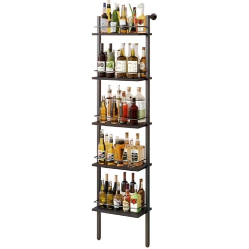 Image of YMYNY 5-Tier Freestanding Wine Racks,Liquor Bottle Display Shelf with Fences, Wall Mounted Floating Shelf Storage Stand for Kitchen, Dining Room, 43 x 20 x 177CM Black HWR001B