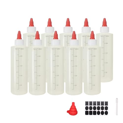 Image of Belinlen 10 Pack Plastic Squeeze Sauce Bottle, 8oz(250ml) Squeezy Bottles with Nozzles, Condiment Bottles for Soy, Sauce, Ketchup, Paint, Oil, Icing Dispenser (Graduated)