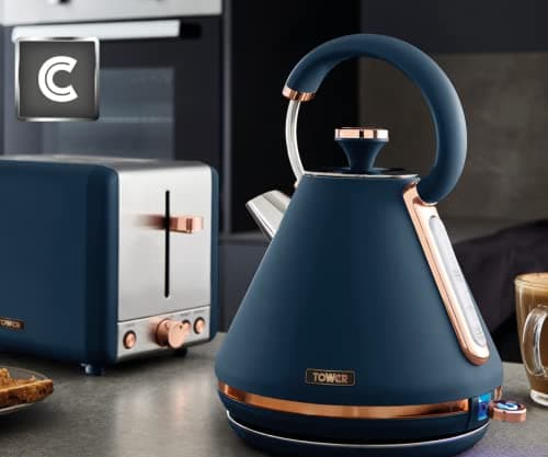 Image of TOWER Cavaletto 1.7L 3 KW Pyramid Kettle and 2 Slice 850W Toaster. Matching & Toaster Set in Midnight Blue Rose Gold.Matching Gold
