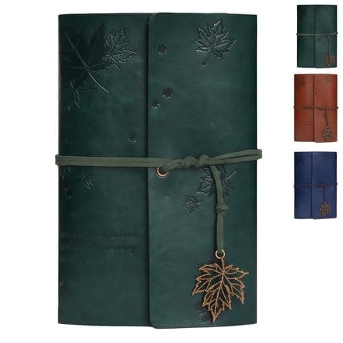 Image of HUANYO Leather A5 Notebook, Refillable Maple Leaf Embossed Vintage Journal, 18.2x12.7cm Travel Diary Gift for Women & Men (green)