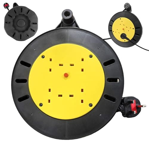 Image of 4 Socket Cable Reel 10m Outdoor Extension Lead with Resettable Safety Cut Out and Power Switch, Heavy‑Duty Wind-Up Retractable Power Cord Reel, Outside Plug Socket for Garden, DIY, Garage, Workshop