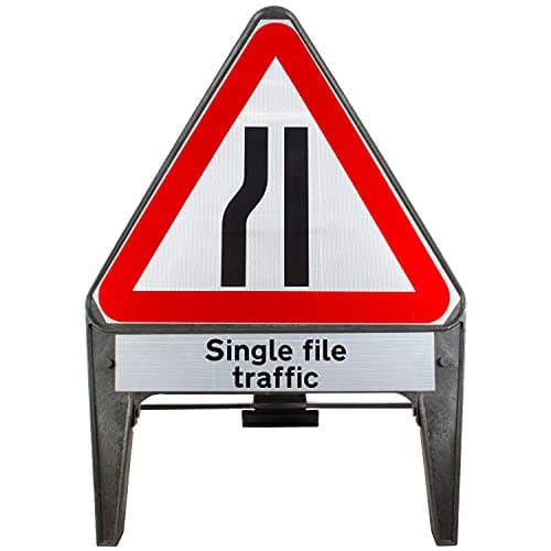 Image of Road Narrows Left With Single File Traffic Supplementary Provision 750mm Triangle Road Sign 517- Plastic Temporary Road Street Traffic Safety Sign
