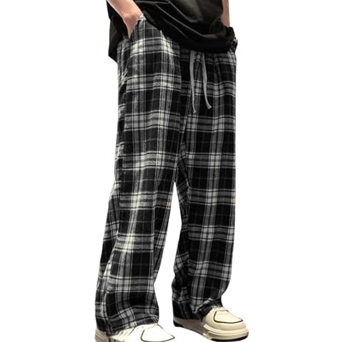 Image of HAOLEI Plaid Pyjama Bottoms Men - Men's Checkered Pj Bottoms Wide Leg Elastic Waist Plaid Trousers Baggy Elasticated Waist Lounge Pants Flannel Pajama Pants with Pockets Black