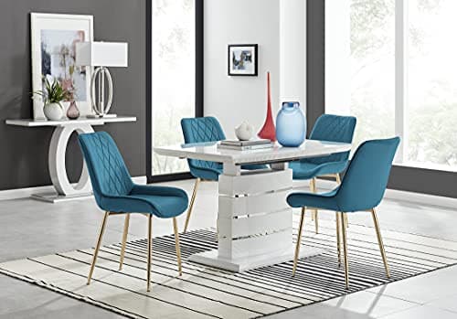 Image of Furniturebox UK Renato 120cm High Gloss Extending Dining Table and 4/6 Pesaro Gold Leg Chairs Set (4 Chairs, Dining Table + Blue Pesaro Gold Leg Chairs)