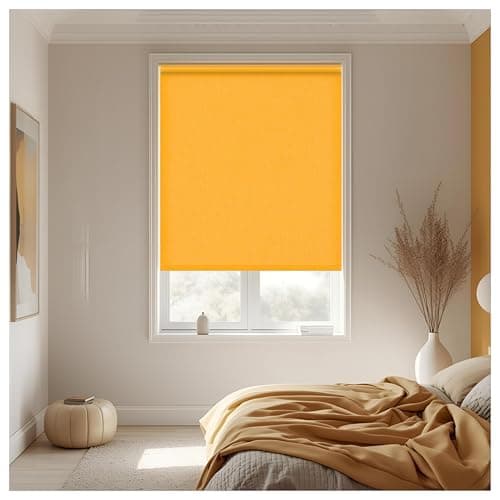 Image of Thermal Insulated Blackout Fabric Roller Blinds, Easy Fit Room Darkening Shades Fittings Included Ochre (Width 60cm x Length 165cm, Blackout, Ochre) (BK004)