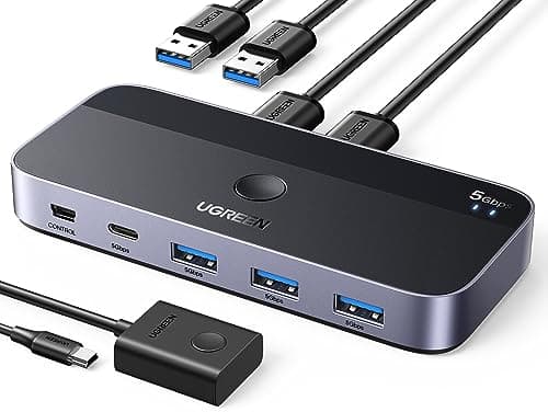Image of UGREEN USB 3.0 Switch,2 In 4 Output USB Switcher,2 Computers Share Type C and 3 Type A Devices for Keyboard/Mouse/Printer/Scanner with 2 USB 3.0 Cables and Remote