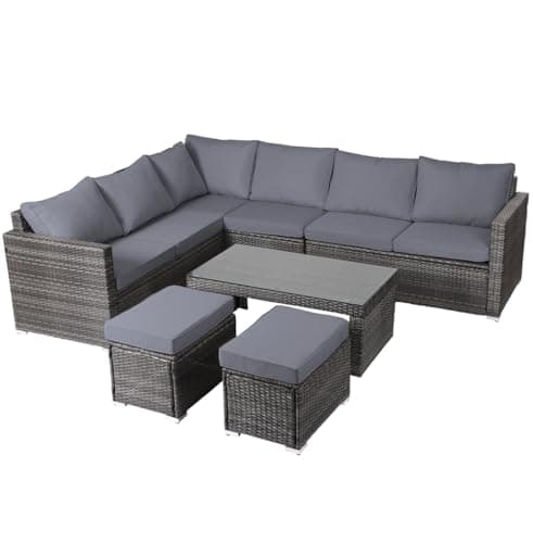 Image of Panana 8 Seater Rattan Garden Sofa Set with Coffee Table Stool, Outdoor Lounge Set with Cushions & Free Cover, Garden Seating for Patio Conservatory Balcony (Mixed Grey with Grey Cushions)