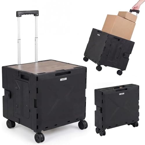 Image of COSTWAY Folding Shopping Trolley, 75L/55L Collapsible Boot Cart with Telescoping Handle, 4 Rotate Wheels, Lid & Cup Holder, Grocery Utility Storage Crate Box (75L, 60KG Capacity,Black)