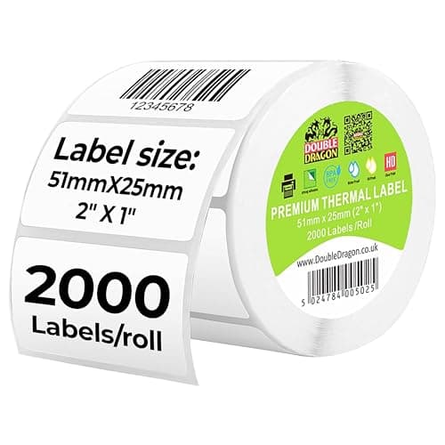 Image of Double Dragon, 2,000 Direct Thermal Labels, 51mm x 25mm | Premium Coated, Self-Adhesive Stickers | Compatible with Zebra, MUNBYN, Toshiba, Citizen, Eltron Printers