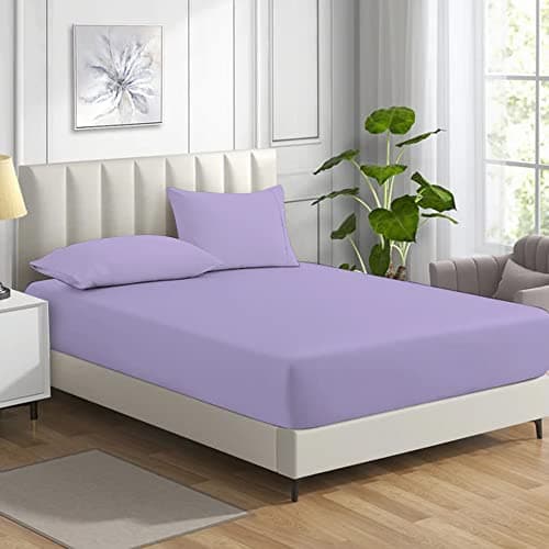 Image of MistyMorning Fitted Sheet, Soft & Premium quality Bedding & Linen, 11''/28cm deep sheet, Egyptian Cotton with 200 Thread Count. (Lilac, Double)