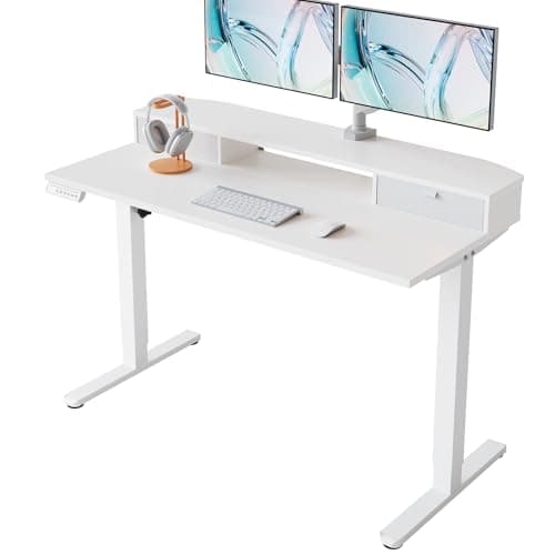 Image of HUANUO 120 x 60 cm Electric Standing Desk with Drawers, C-Clamp Mount Compatible, Height Adjustable Sit Stand Desk, Home Office Stand Up Desk with 4 Memory Height Settings, White