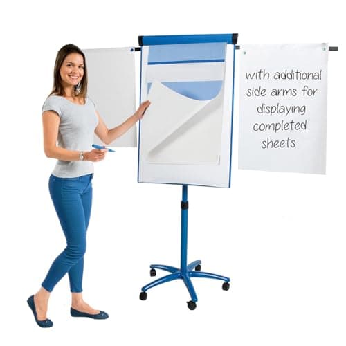 Image of Metroplan Front of Class, Mobile Magnetic Flipchart Easel, 1000 x 680 mm, Blue Frame With Locking Castors & Extendable Arms - Ideal for Office, Classroom, Training Venues
