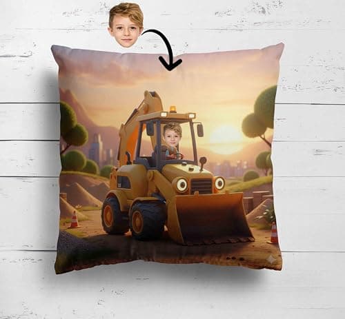 Image of Personalised Kids Digger Cushion Upload Your Face Funny Custom Photo Pillow Construction Truck Design Cover or Filled Sofa Bed Chair Cushion Multiple Sizes