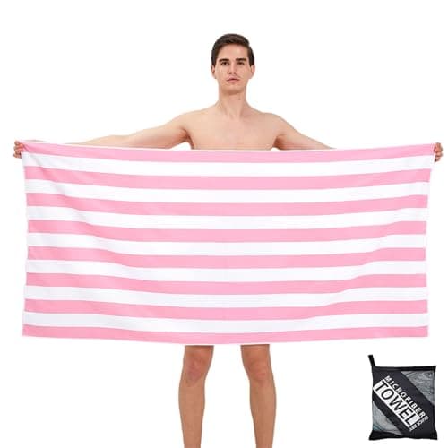 Image of Large Thin Microfibre Beach Towel with Bag for Adult Men Women,160x90cm Pink Stripe Beach Towels Quick Dry Sand Free Lightweight Swim Bath Towel for Travel,Swimming,Pool,Holiday,Camping,Yoga,Gym Sport