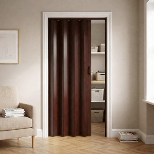Image of NOVECRAFTO PVC Folding Door, 32 x 80 in – Smooth Glide, Magnetic Closure, Moisture-Resistant, Easy Installation, Space-Saving – Wood Effect Concertina Accordion Sliding Door (Dark Brown Oak)