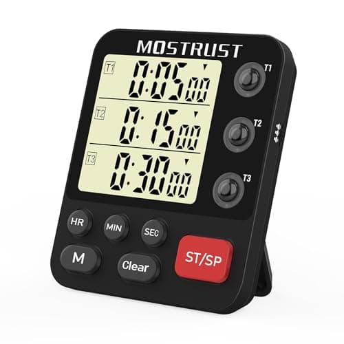 Image of MOSTRUST Digital Dual Kitchen Timer, 3 Channels Independent Countdown Timer, Large Display Loud Alarm Triple Stopwatch Memory with Magnetic Back, Stand for Cooking, Battery Included (Black)